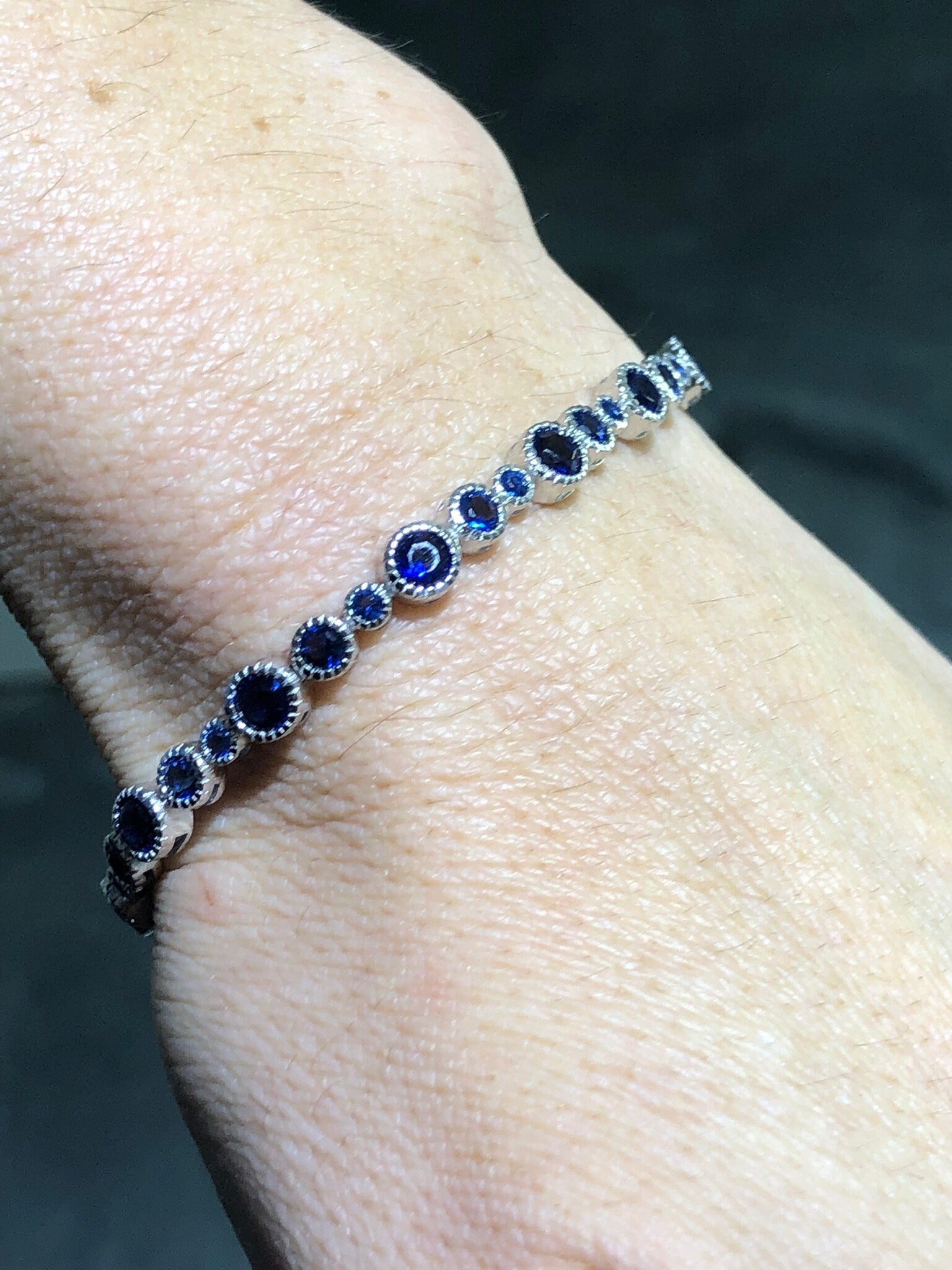 LIV Platinum Over Sterling Silver Round Cut Blue Sapphire Halo Design Tennis Bracelet Bridal Gift