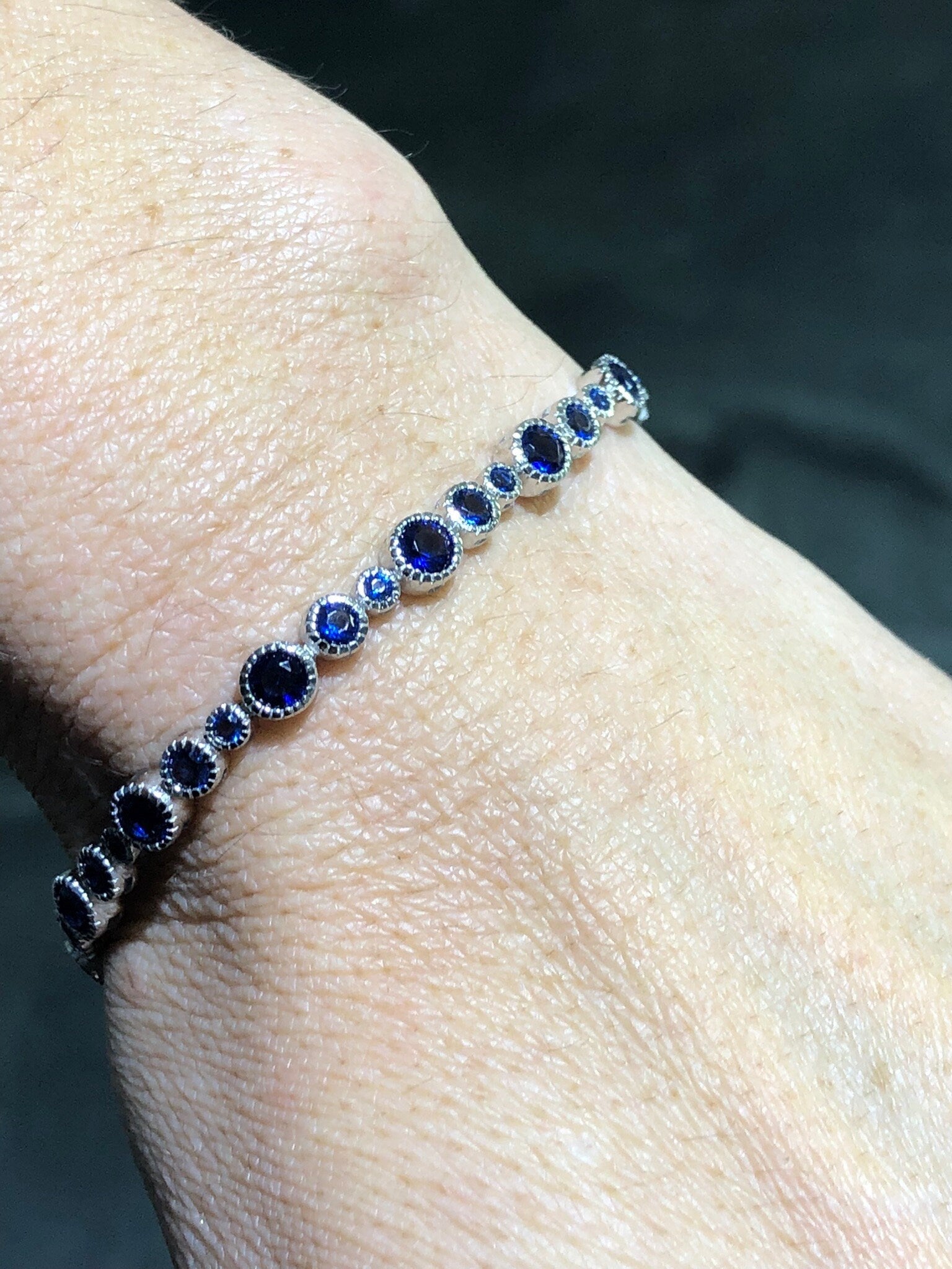 LIV Platinum Over Sterling Silver Round Cut Blue Sapphire Halo Design Tennis Bracelet Bridal Gift