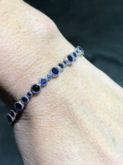 LIV Platinum Over Sterling Silver Round Cut Blue Sapphire Halo Design Tennis Bracelet Bridal Gift