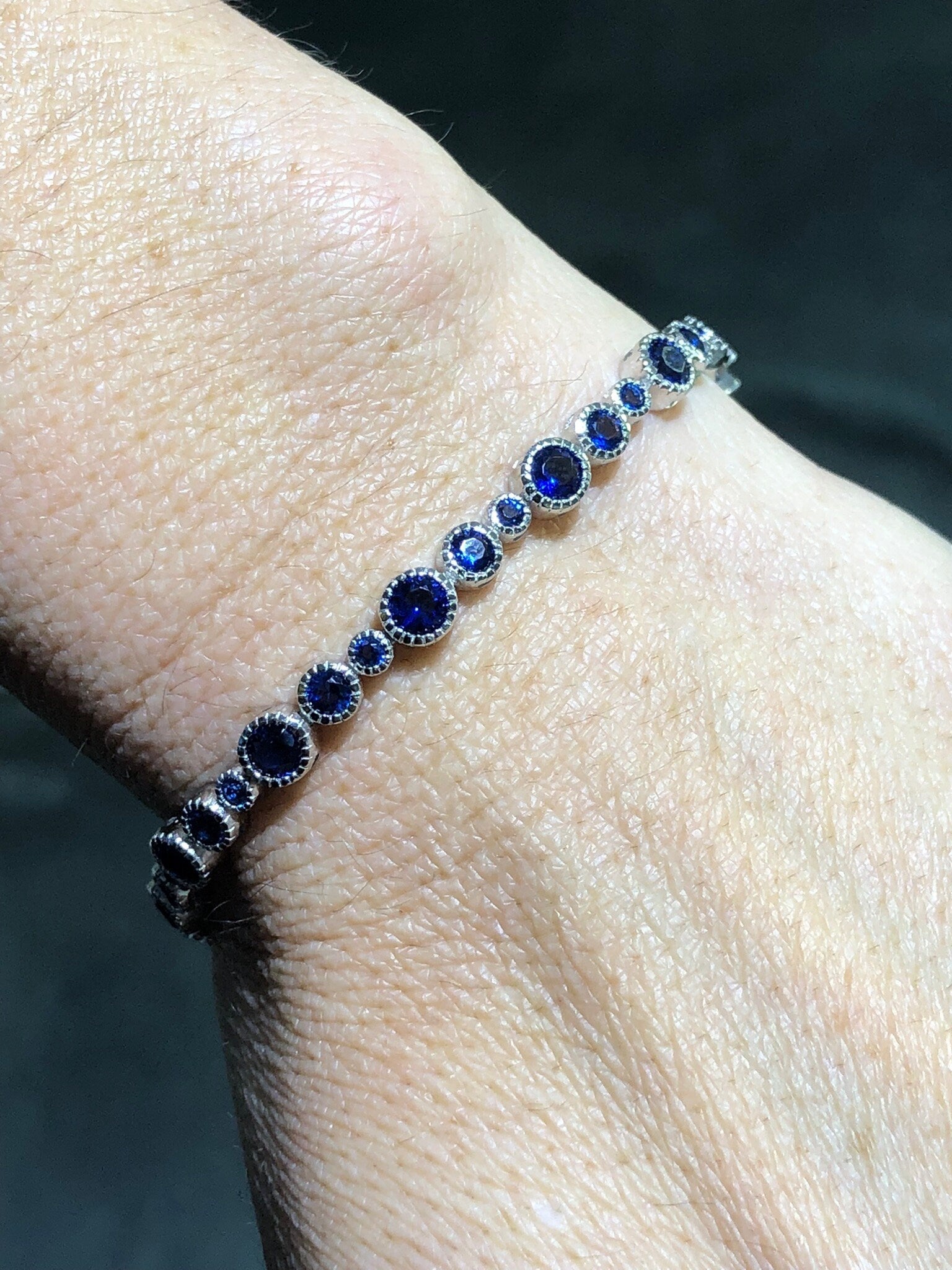 LIV Platinum Over Sterling Silver Round Cut Blue Sapphire Halo Design Tennis Bracelet Bridal Gift