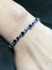 LIV Platinum Over Sterling Silver Round Cut Blue Sapphire Halo Design Tennis Bracelet Bridal Gift