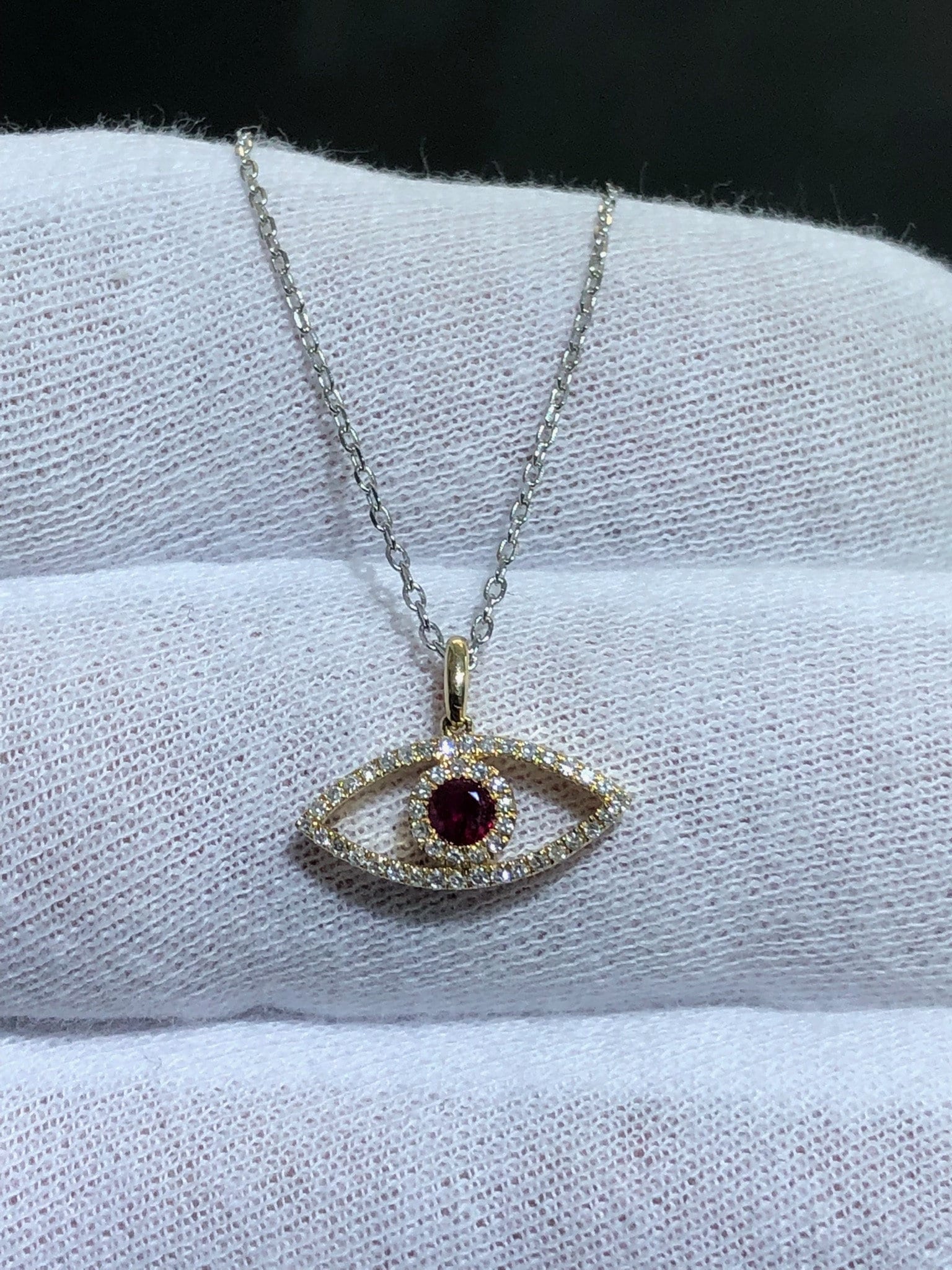 LIV 14k Yellow Gold Blue Sapphire & Natural Diamonds G/VS1 Custom Made Evil Eye Halo Necklace 16" Length