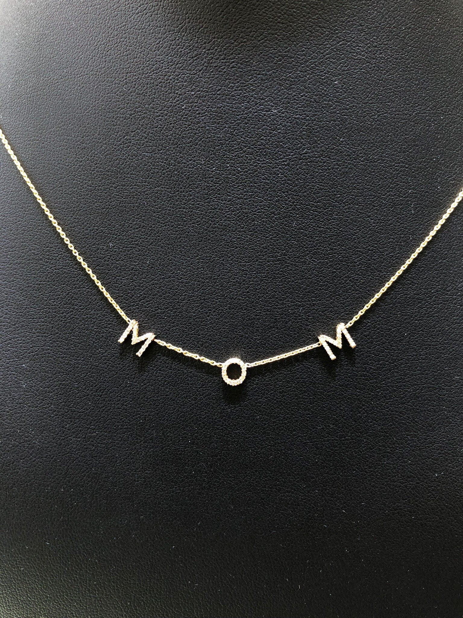 LIV 14K Yellow Gold Hand Made Natural Diamonds Mom Design Personalized Necklace Any Word or Phrase Available 16" Length