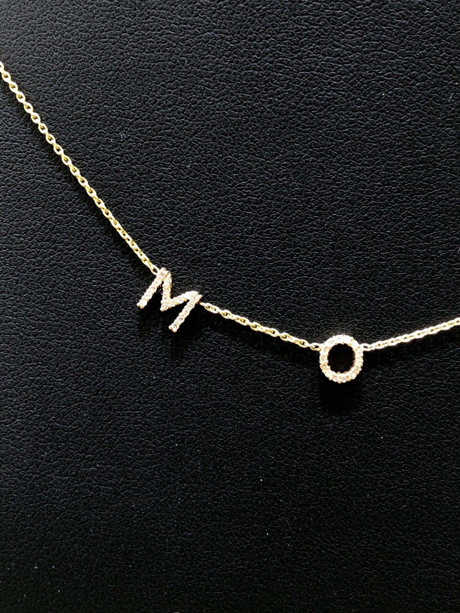 LIV 14K Yellow Gold Hand Made Natural Diamonds Mom Design Personalized Necklace Any Word or Phrase Available 16" Length