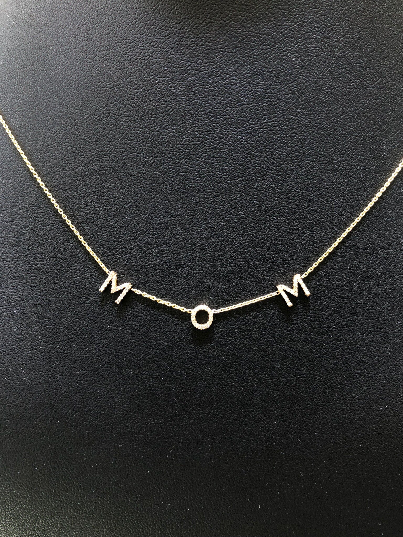 LIV 14K Yellow Gold Hand Made Natural Diamonds Mom Design Personalized Necklace Any Word or Phrase Available 16" Length