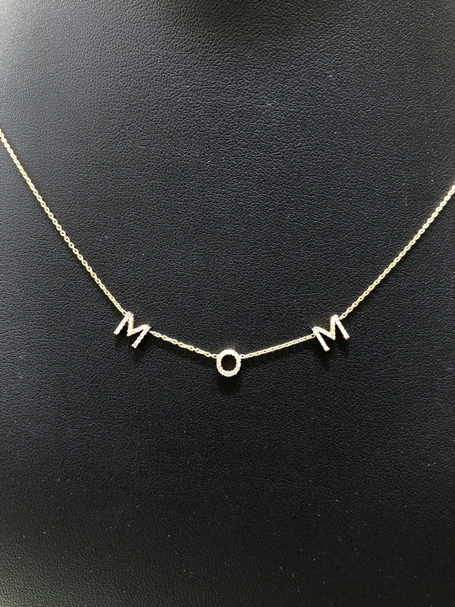 LIV 14K Yellow Gold Hand Made Natural Diamonds Mom Design Personalized Necklace Any Word or Phrase Available 16" Length