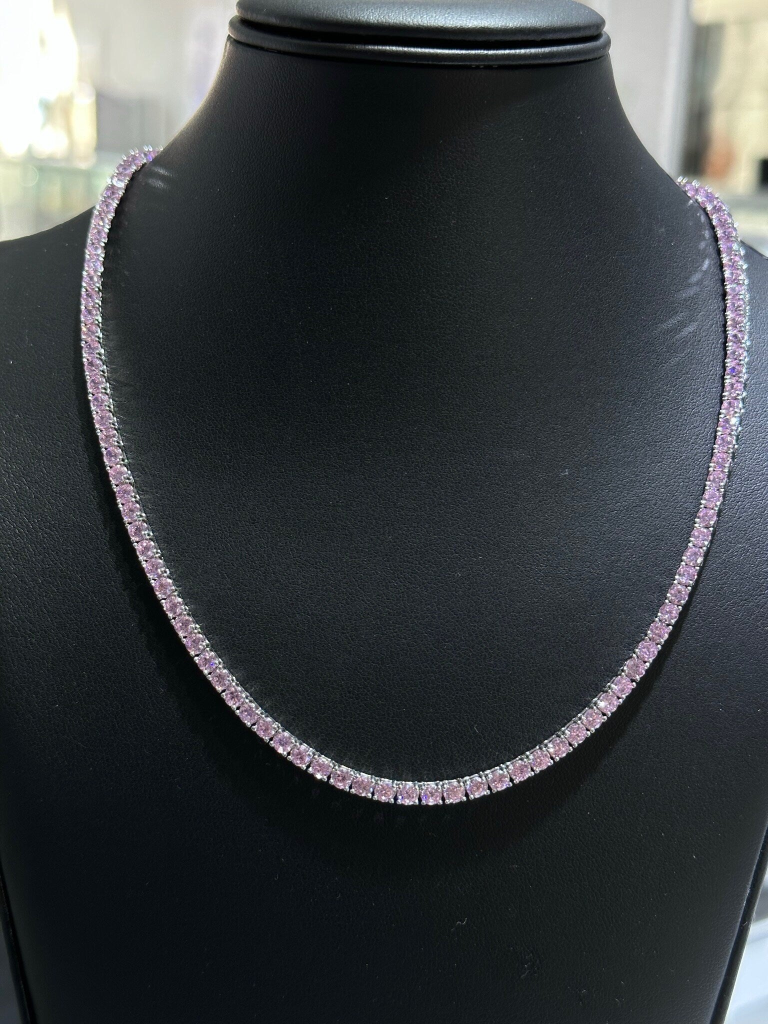 LIV Platinum Sterling Silver Prong Set Pink Sapphire Classic Layered Tennis Necklace 20" Length