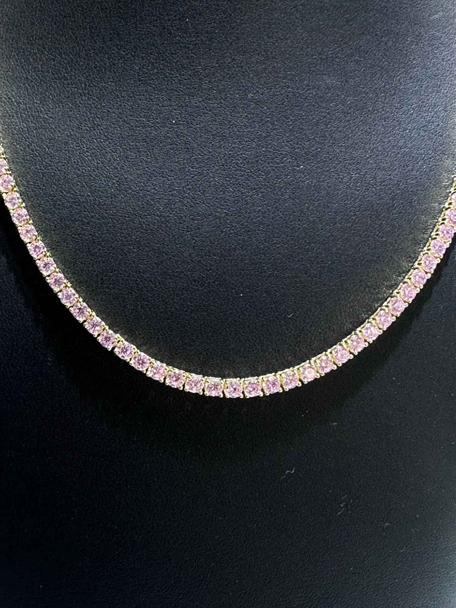 LIV 18k Yellow Gold Sterling Silver Prong Set Pink Sapphire Classic Tennis Necklace 16" Length