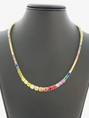 LIV 18k Yellow Gold Sterling Silver Prong Set Graduated Rainbow Sapphire Classic Layered Tennis Necklace 16" Length