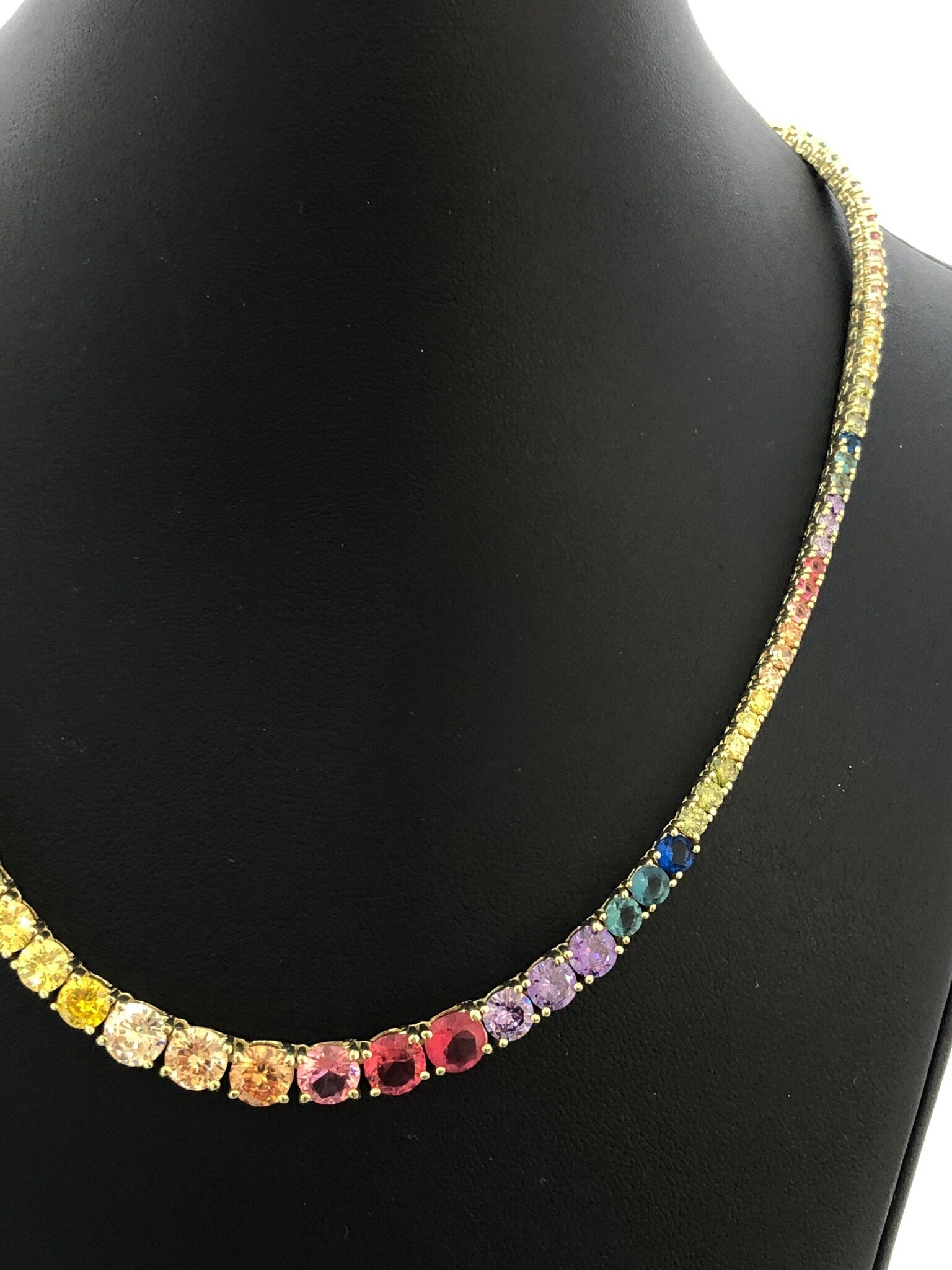 LIV 18k Yellow Gold Sterling Silver Prong Set Graduated Rainbow Sapphire Classic Layered Tennis Necklace 16" Length