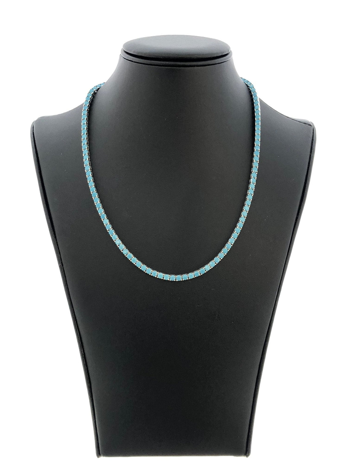 LIV Platinum Sterling Silver Prong Set 4mm Wide Blue Turquoise Classic Layered Tennis Necklace 16" Length