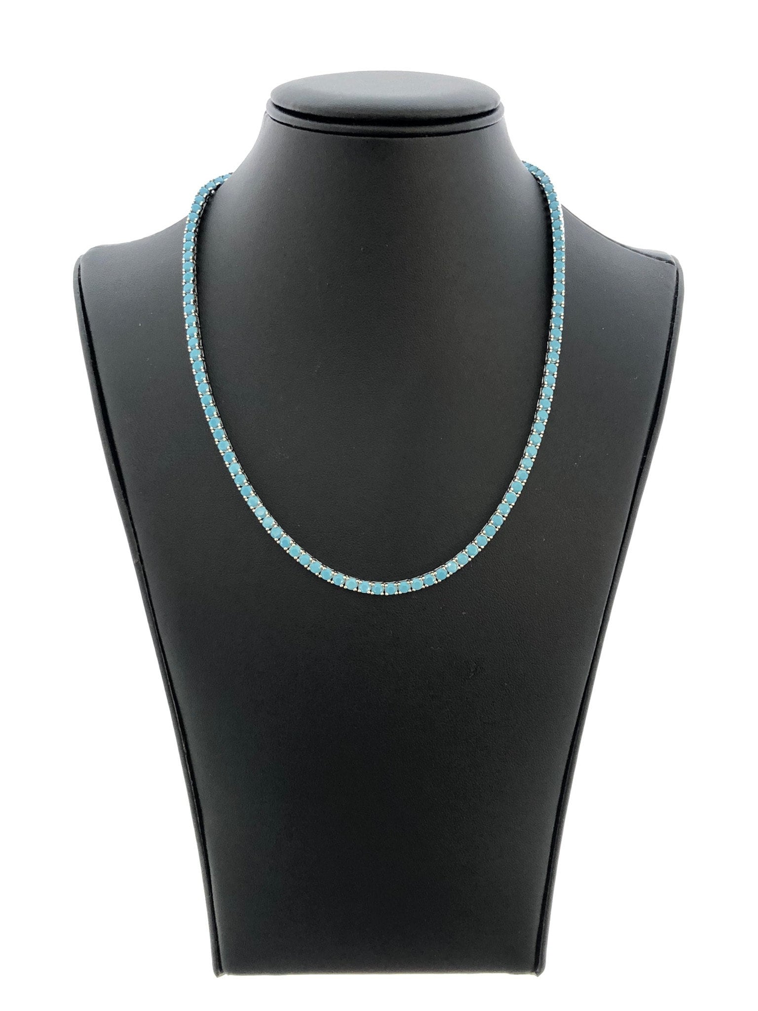 LIV Platinum Sterling Silver Prong Set 4mm Wide Blue Turquoise Classic Layered Tennis Necklace 16" Length