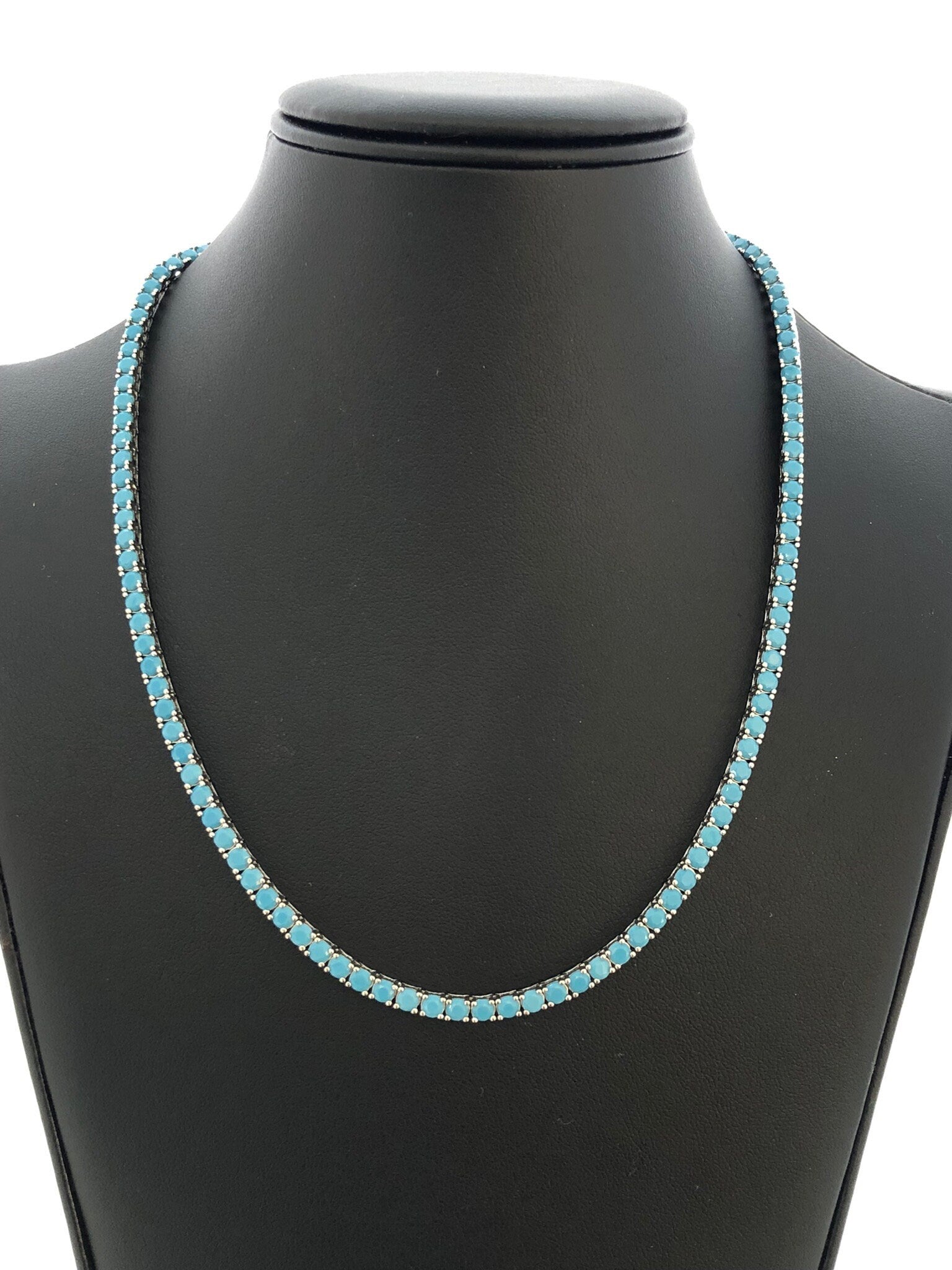 LIV Platinum Sterling Silver Prong Set 4mm Wide Blue Turquoise Classic Layered Tennis Necklace 16" Length