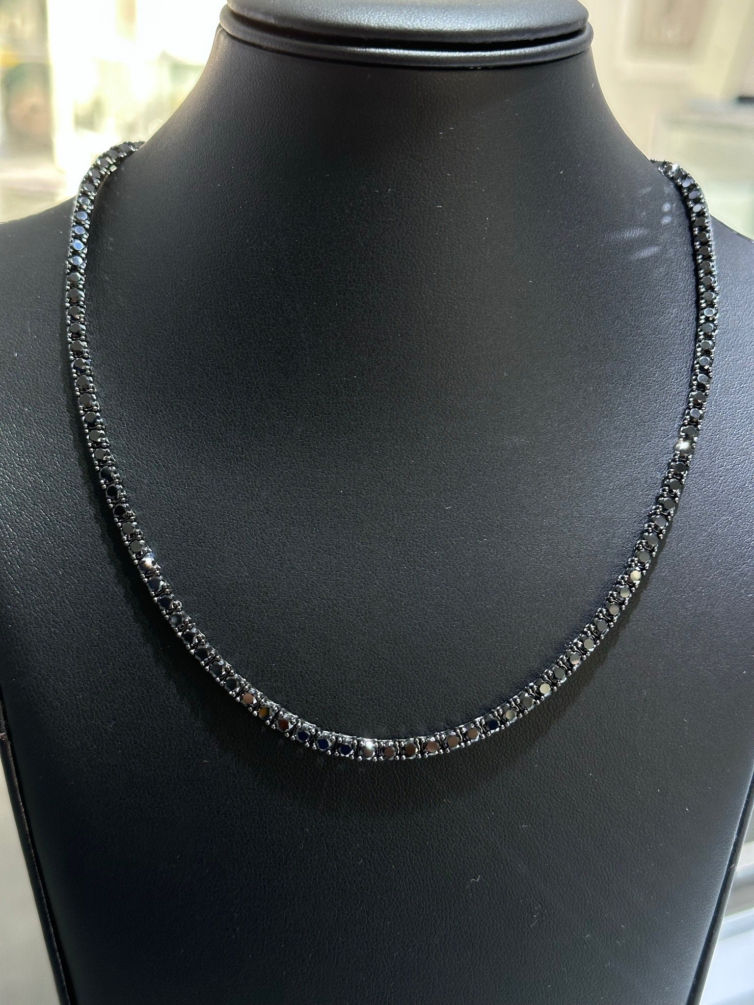 LIV Black Rhodium Sterling Silver Prong Set Black Sapphire 3mm Classic Layered Tennis Necklace 18" Length