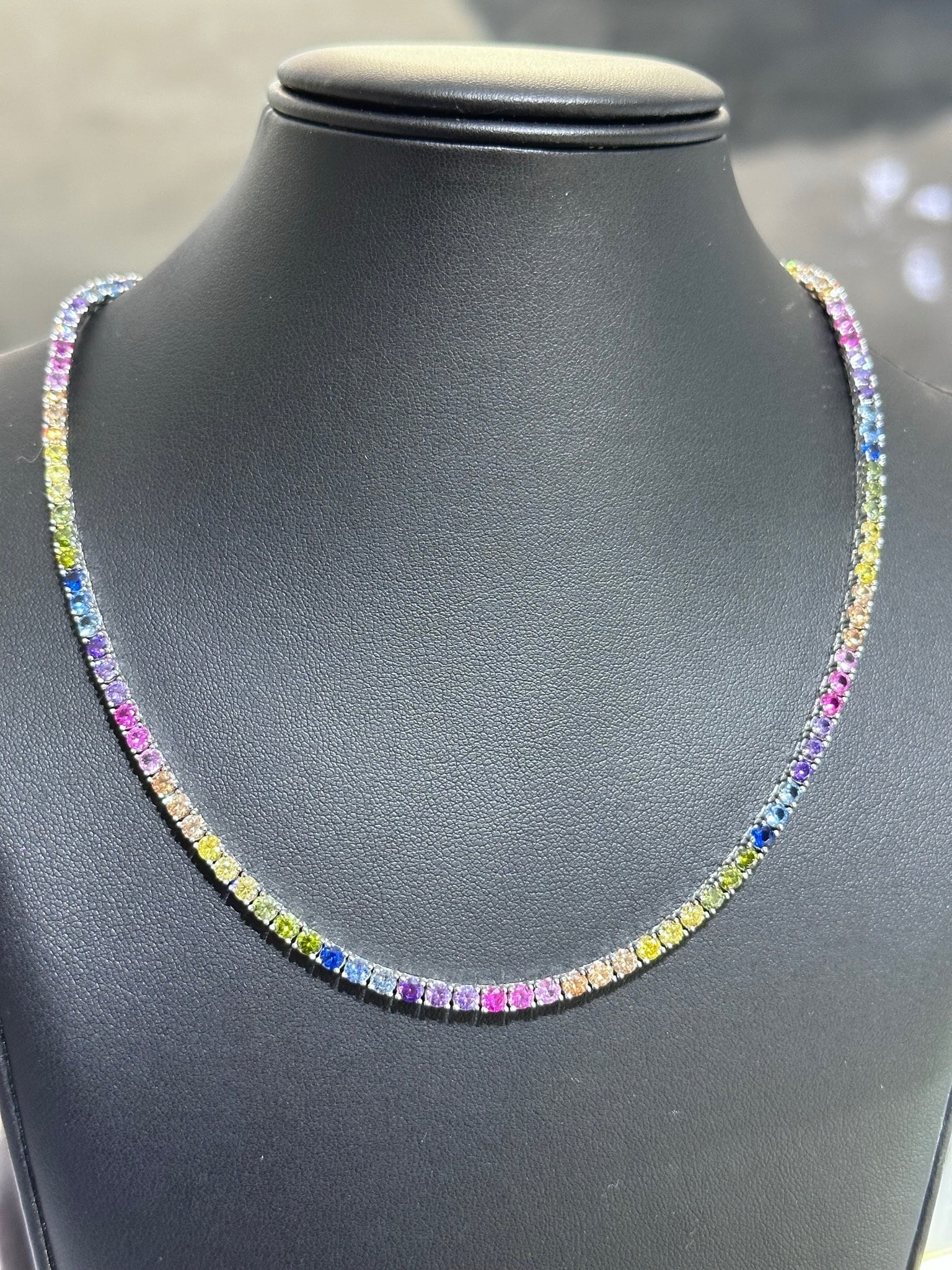 LIV Platinum Sterling Silver Prong Set Rainbow Sapphire Classic Layered Tennis Necklace 16" Length