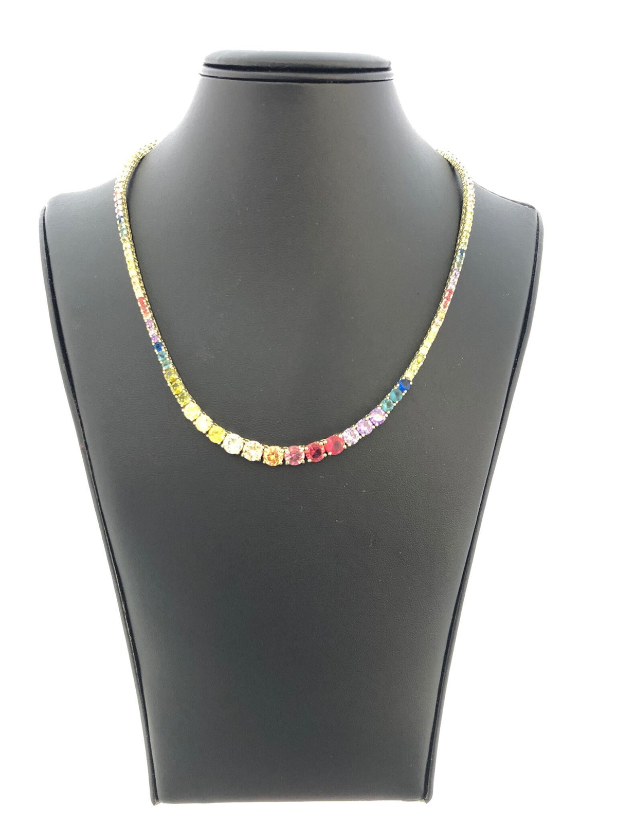 LIV 18k Yellow Gold Sterling Silver Prong Set Graduated Rainbow Sapphire Classic Layered Tennis Necklace 16" Length