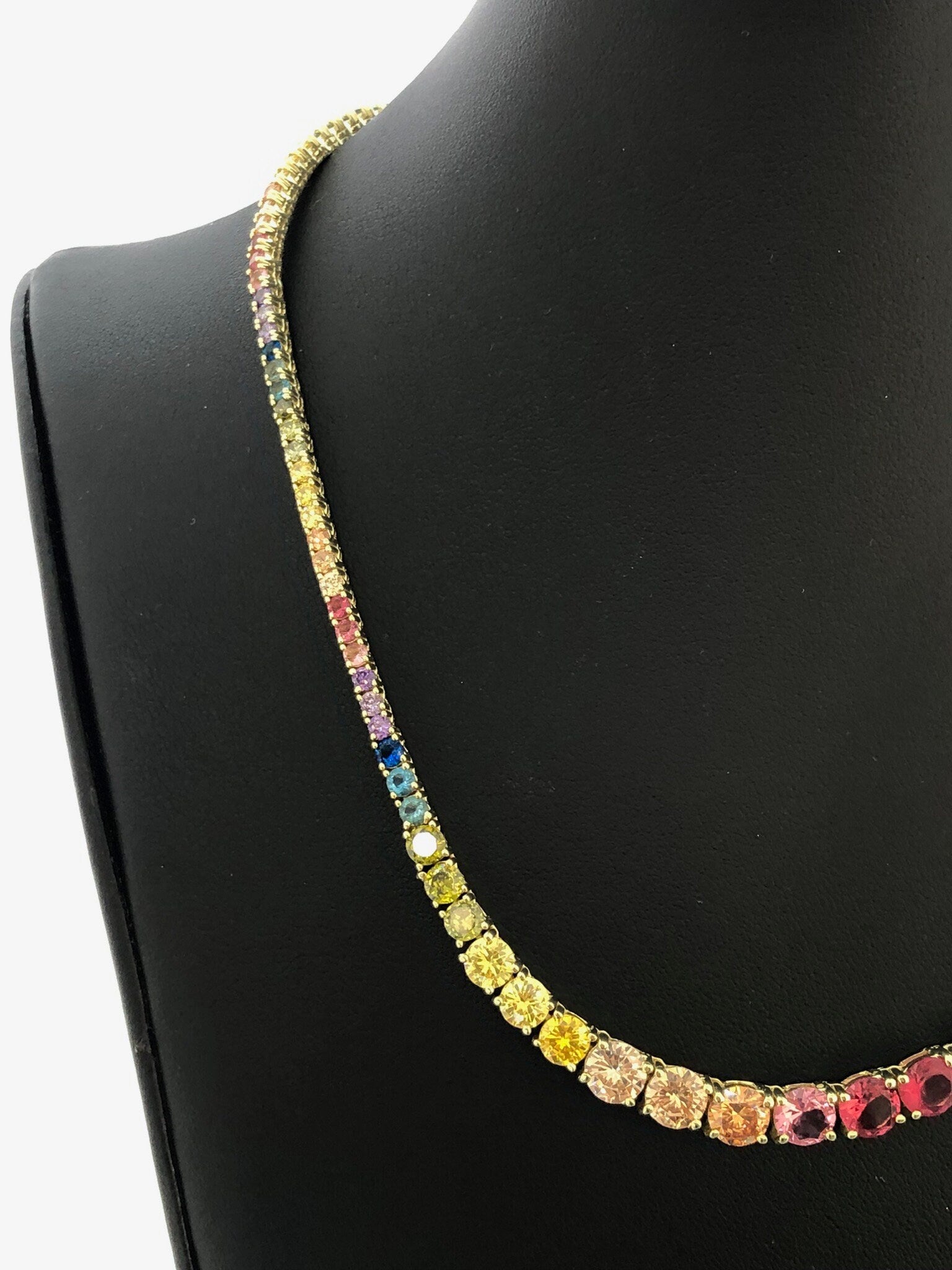 LIV 18k Yellow Gold Sterling Silver Prong Set Graduated Rainbow Sapphire Classic Layered Tennis Necklace 16" Length