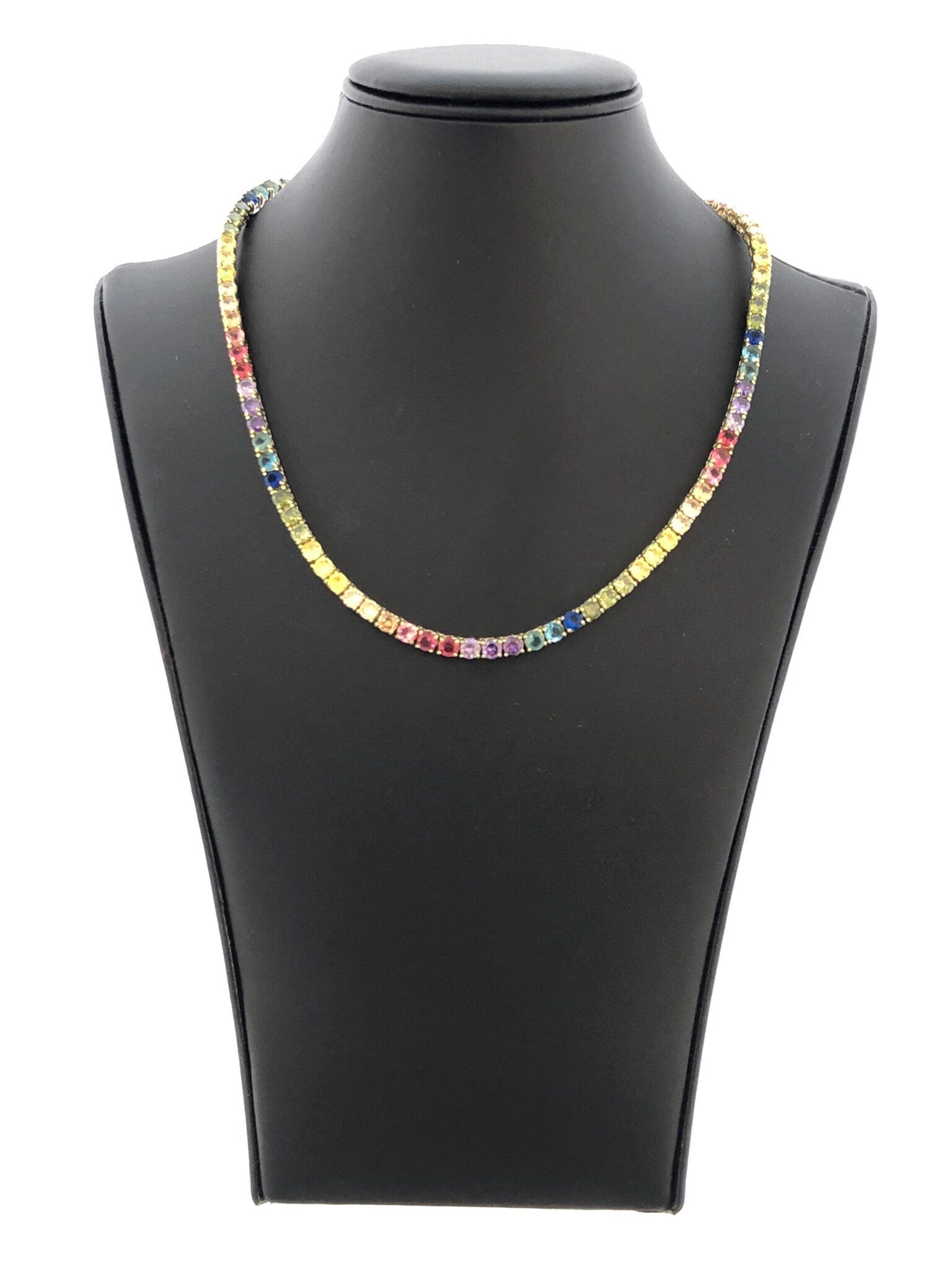 LIV 18k Yellow Gold Sterling Silver Prong Set 4mm Wide Rainbow Sapphire Classic Layered Tennis Necklace 16" Length