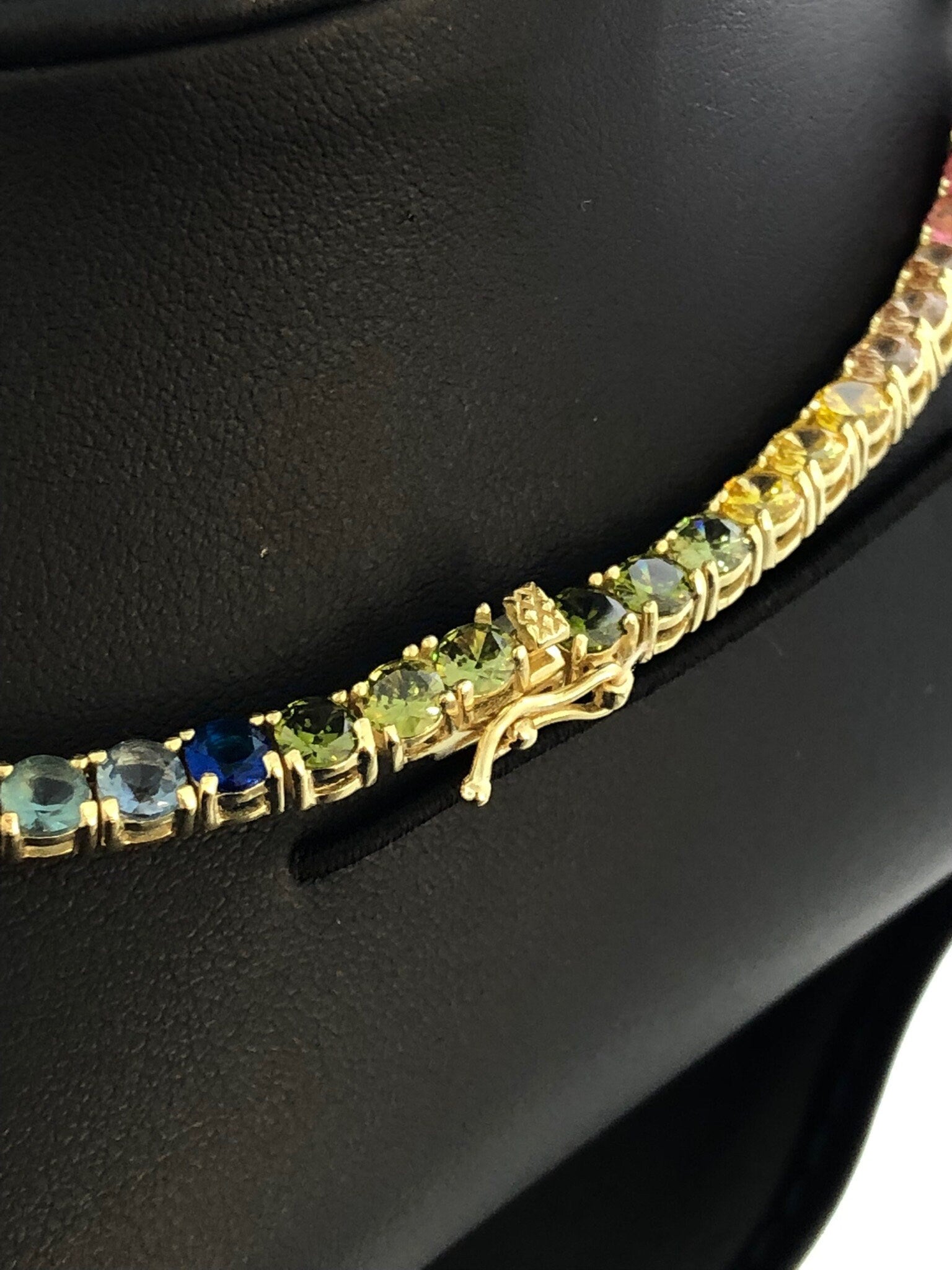 LIV 18k Yellow Gold Sterling Silver Prong Set 4mm Wide Rainbow Sapphire Classic Layered Tennis Necklace 16" Length