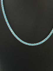 LIV Platinum Sterling Silver Prong Set 4mm Wide Blue Turquoise Classic Layered Tennis Necklace 16" Length