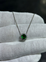 LIV 14KT Solid White Gold Natural White Diamonds & Green Quartz Round Halo Solitaire Pendant Necklace Gift