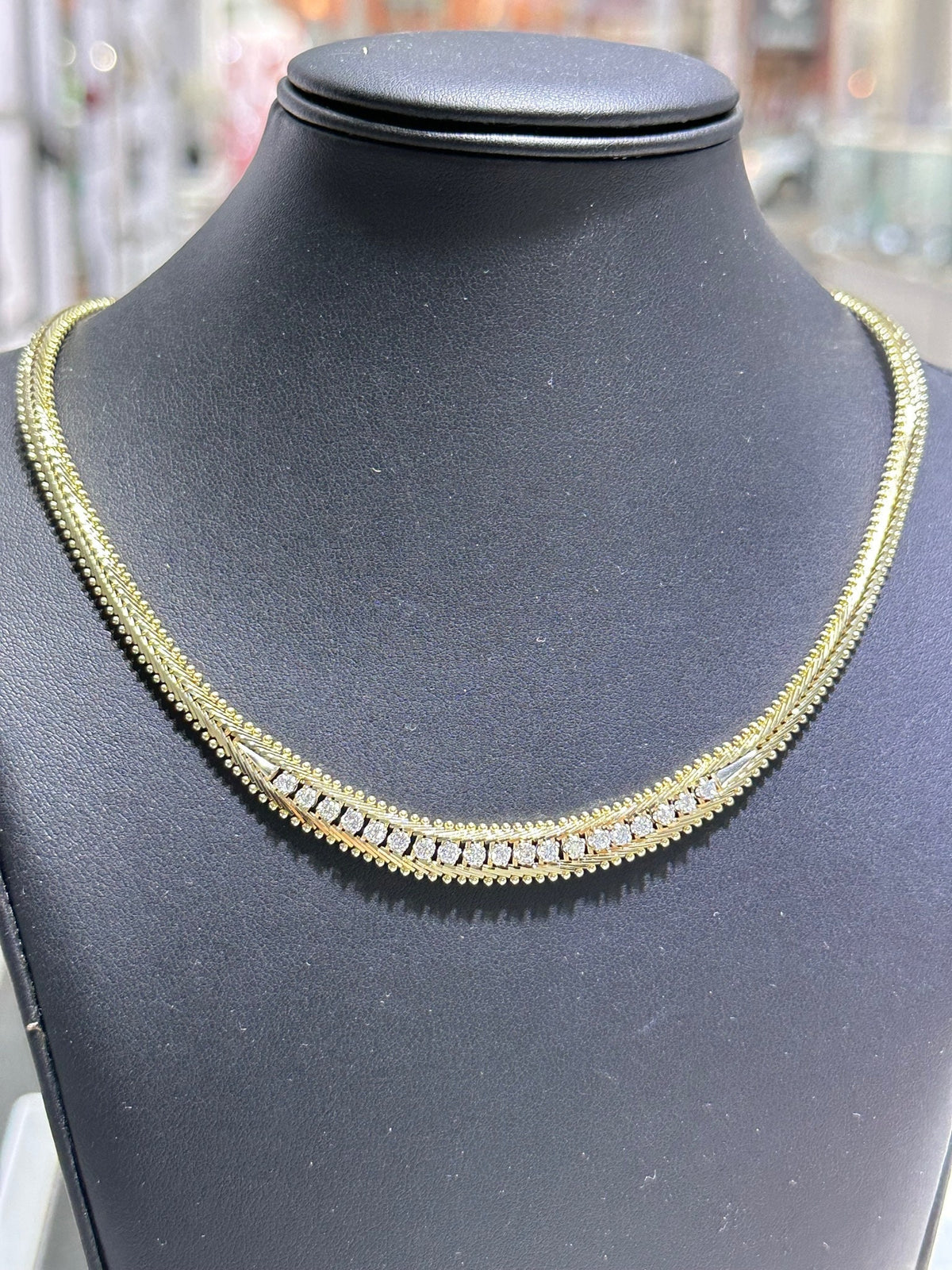 LIV 14k Yellow Gold & Diamonds Hand Made Vintage Cable Design Tennis Choker Necklace 16" Length 32.8 Grams 0.90ct tw Natural Diamonds