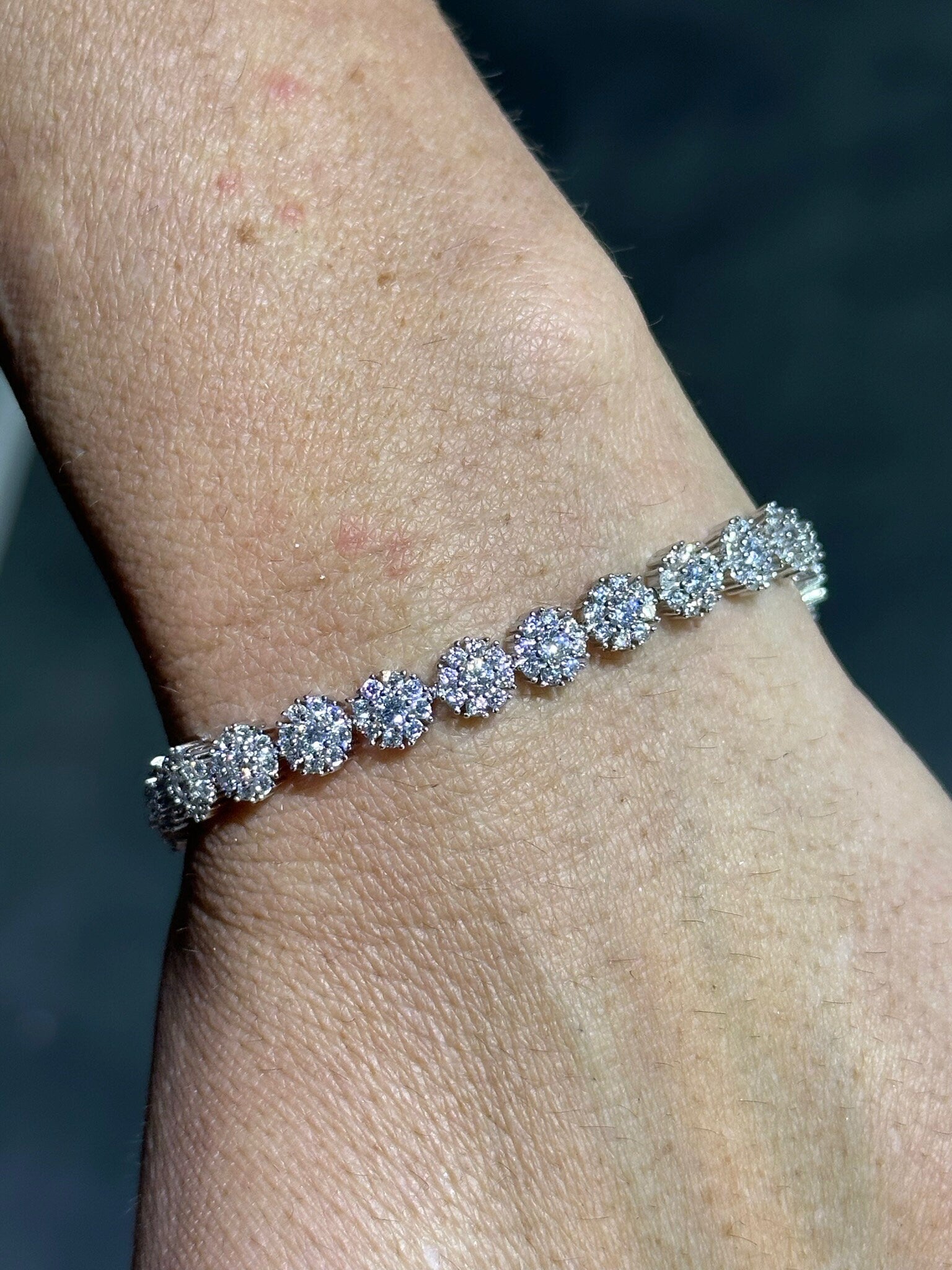 LIV Platinum Sterling Silver White Sapphire Round Cut Flower Halo Tennis Bracelet Gift 7" Length