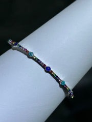 LIV Platinum Sterling Silver Simulated Rainbow Sapphire Pave Evil Eye Design Halo Cable Bangle Bracelet Gift