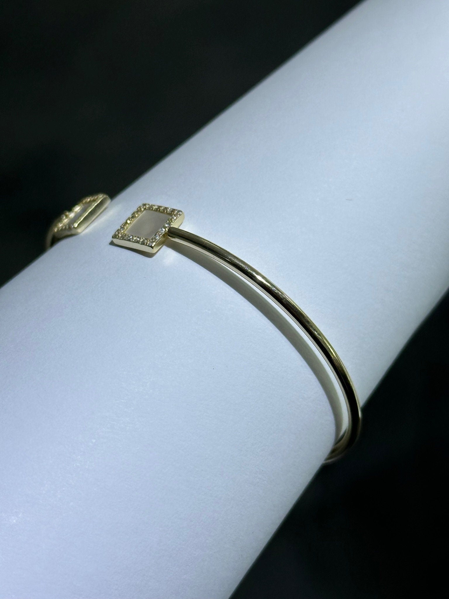 LIV 18k Yellow Gold Sterling Silver Simulated White Sapphire Pave Mother of Pearl Square Design Halo Cable Bangle Bracelet Gift