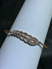 LIV 18k Rose Gold Sterling Silver White Sapphire Feather Leaf Design Pave Cable Design Bangle Bracelet Gift 7" Length