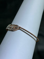 LIV 18k Rose Gold Sterling Silver White Sapphire Feather Leaf Design Pave Cable Design Bangle Bracelet Gift 7" Length