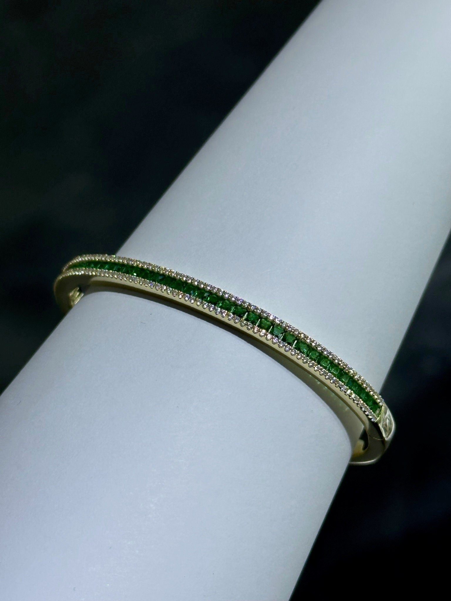 LIV 18k Yellow Gold Sterling Silver Green & White Sapphire Halo Baguette Cut Channel Design Pave Bangle Bracelet Gift 7" Length