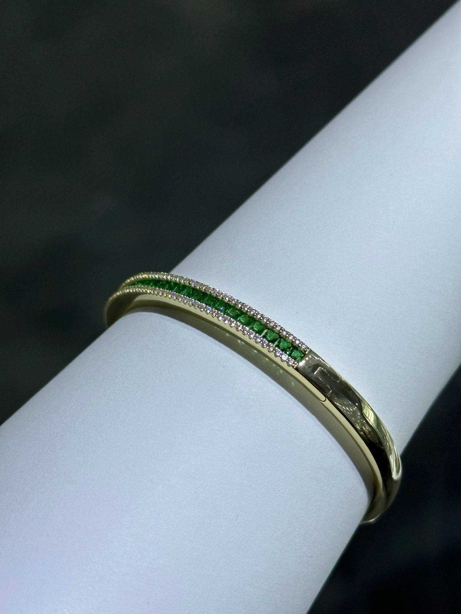 LIV 18k Yellow Gold Sterling Silver Green & White Sapphire Halo Baguette Cut Channel Design Pave Bangle Bracelet Gift 7" Length