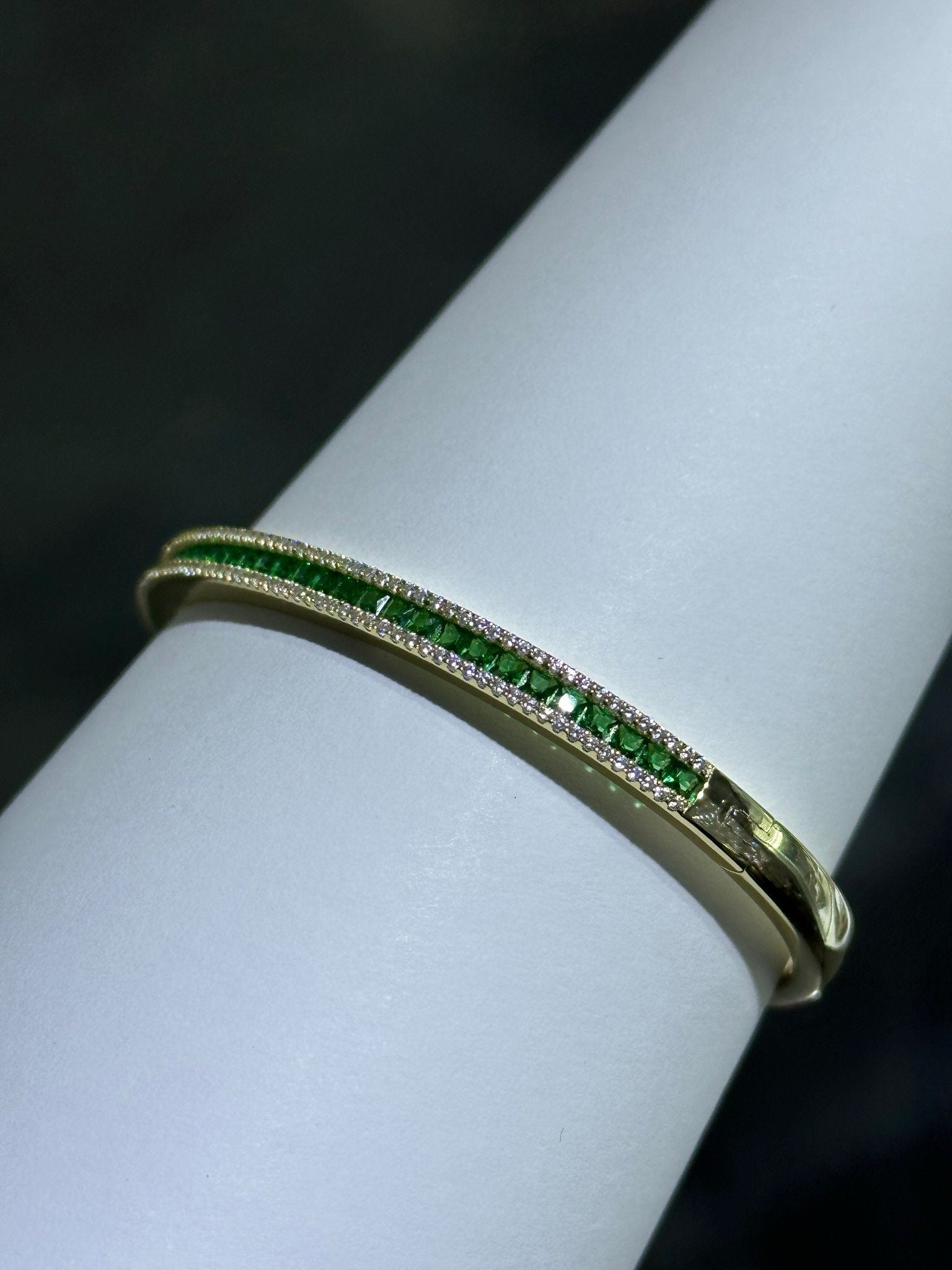 LIV 18k Yellow Gold Sterling Silver Green & White Sapphire Halo Baguette Cut Channel Design Pave Bangle Bracelet Gift 7" Length