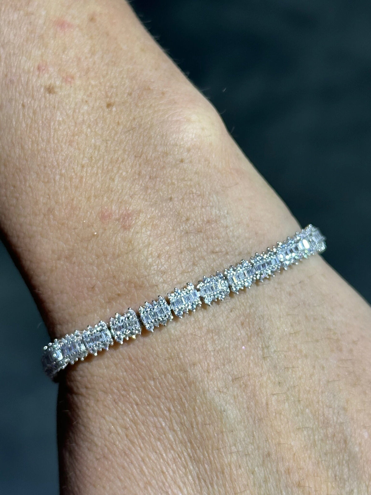 LIV Platinum Sterling Silver White Sapphire Baguette Cut Halo Tennis Bracelet Gift 7" Length