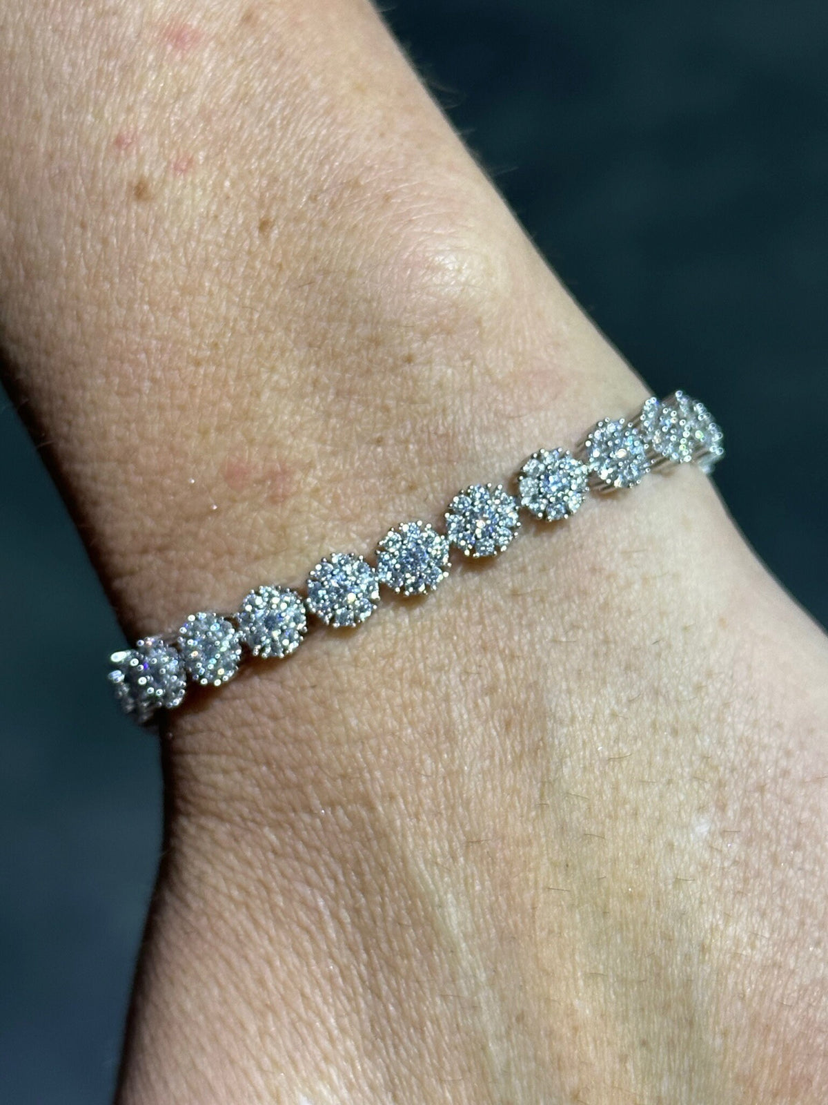 LIV Platinum Sterling Silver White Sapphire Round Cut Flower Halo Tennis Bracelet Gift 7" Length