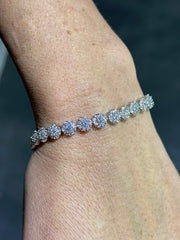 LIV Platinum Sterling Silver White Sapphire Round Cut Flower Halo Tennis Bracelet Gift 7" Length