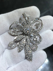 LIV Platinum Vintage Large Flower Brooch Unique Diamond Baguette & Round Natural Diamonds Pin Exquisite