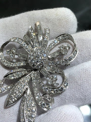 LIV Platinum Vintage Large Flower Brooch Unique Diamond Baguette & Round Natural Diamonds Pin Exquisite