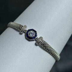 LIV Platinum Sterling Silver Blue & White Sapphire Halo Vintage Style Hand Made Mesh Lobster Lock Bracelet Gift