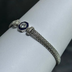 LIV Platinum Sterling Silver Blue & White Sapphire Halo Vintage Style Hand Made Mesh Lobster Lock Bracelet Gift