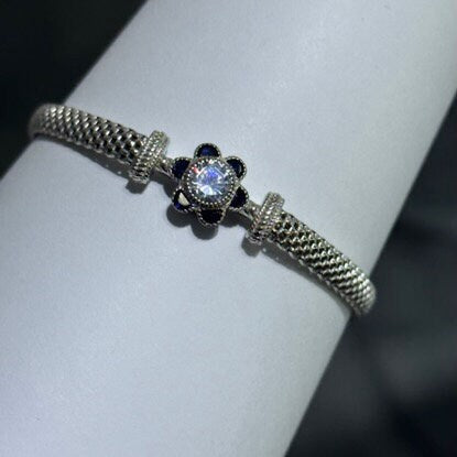 LIV Platinum Sterling Silver Blue & White Sapphire Flower Halo Hand Made Mesh Lobster Lock Bracelet Gift