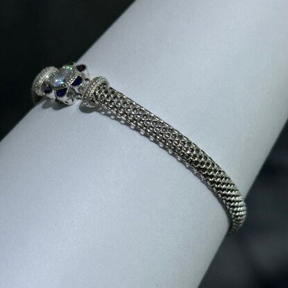 LIV Platinum Sterling Silver Blue & White Sapphire Flower Halo Hand Made Mesh Lobster Lock Bracelet Gift