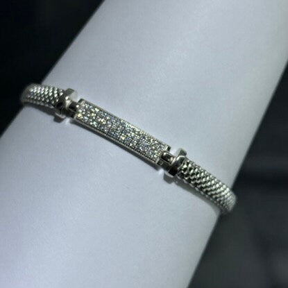 LIV Platinum Sterling Silver Pave White Sapphire Sideway Bar Halo Design Hand Made Mesh Lobster Lock Bracelet Gift