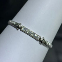 LIV Platinum Sterling Silver Pave White Sapphire Sideway Bar Halo Design Hand Made Mesh Lobster Lock Bracelet Gift