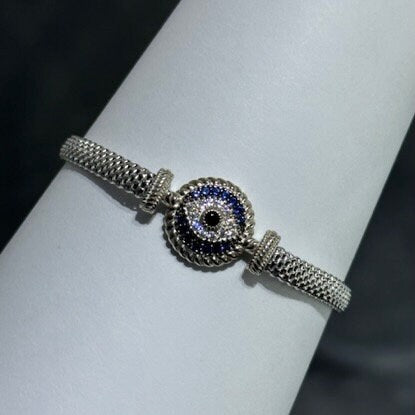 LIV Platinum Sterling Silver Pave Blue & White Sapphire Evil Eye Cable Halo Design Hand Made Mesh Lobster Lock Bracelet Gift