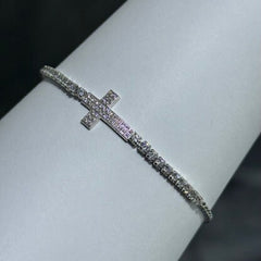 LIV Platinum Sterling Silver Pave White Sapphire Sideway Cross Halo Design Hand Made Lobster Lock Tennis Bracelet Gift