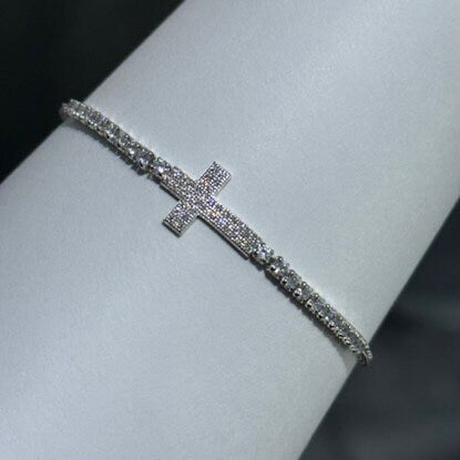 LIV Platinum Sterling Silver Pave White Sapphire Sideway Cross Halo Design Hand Made Lobster Lock Tennis Bracelet Gift