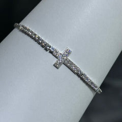 LIV Platinum Sterling Silver Pave White Sapphire Sideway Cross Halo Design Hand Made Lobster Lock Tennis Bracelet Gift