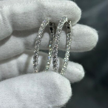LIV 14k Solid White Gold White Natural Diamonds Inside Outside Oval Hoop Locking Mechanism Earrings 4.54ct tw G/VS2